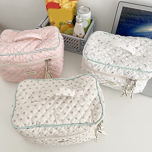 Cessfle Kawaii Cotton Makeup Bag Large Travel Cosmetic Bag Quilted Coquette Makeup Pouch Aesthetic Floral Toiletry Bag