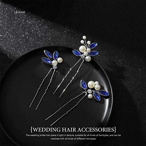 Latious Bride Wedding Hair Pins Pearl Bridal Hair Piece Blue Crystal Hair Clips Rhinestones Hair Accessories for Women and Girls (Pack of 3) (Silver)