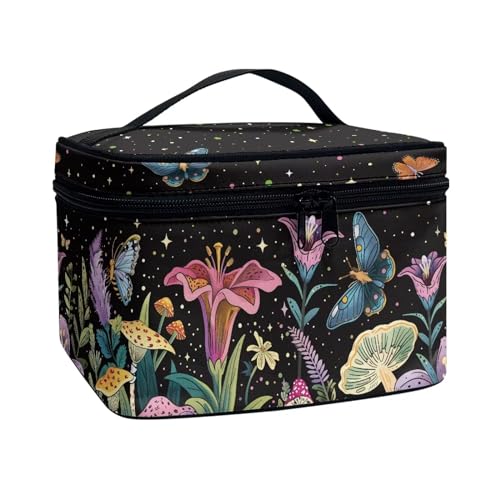 Biyejit Flowers Butterfly Makeup Bag Travel Make Up Organizer Cosmetic Brush Bags Case Protable Travel Zipper Pouch for Women Girls