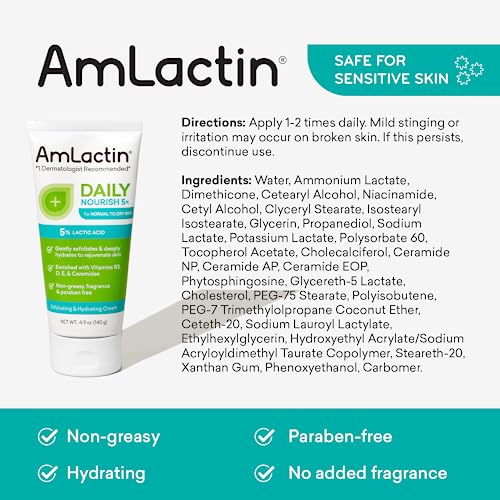 AmLactin Daily Nourish 5% - 4.9 oz Body Cream with 5% Lactic Acid - Exfoliator and Moisturizer for Dry Skin