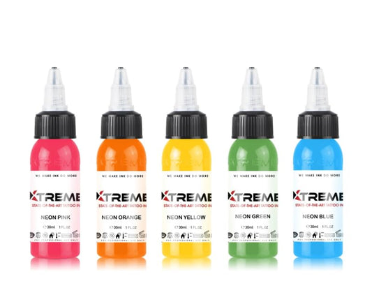 Xtreme Ink 5 Color Neon Set, Electrifying Tattoo Inks for Vibrant Neon Effects, Neon Pink, Orange, Yellow, Green, Blue - UV-Free Brilliance, Ethical, Water-Based, Vegan, and Safe (Set of 5, 1 oz)