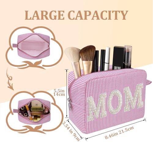 QFDS Gift for Mother,Birthday Gifts for Women Mom Grandmother Wife,Bling Pearl Rhinestone Zipper Pouch,Large Stripe Makeup Bag Cosmetics Bag,Daily Use (Pink-MOM)