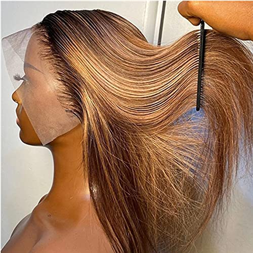 JYZ13X4 Highlight Straight Lace Front Human Hair Wigs for Black Women Brazilian Virgin Human Hair 150% Density 2 Tones Color #4/27 Ombre Lace Front Wig Human Hair Pre Plucked with Baby Hair (18 Inch)