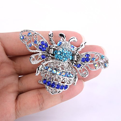 EVER FAITH Blue Crystal Adorable Honey Bee Insect Women Daily Hair Claw Clip Silver-Tone