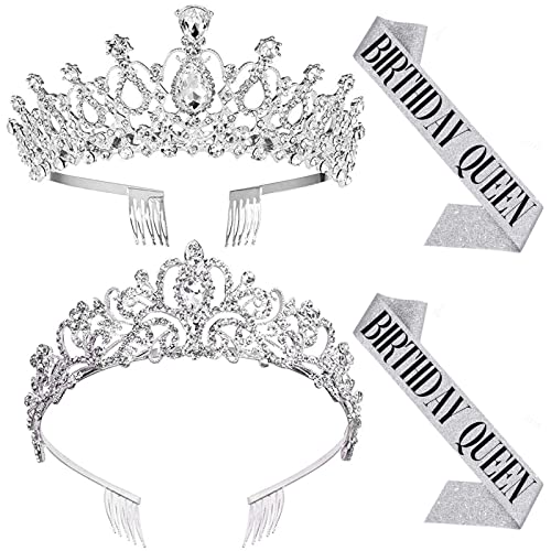 ZOCONE 4 Pack Crystal Rhinestone Bridal Tiara & Birthday Queen Sash, Wedding Crown for Women Flower Girls Birthday Headband Princess Crowns with Comb (Silver)