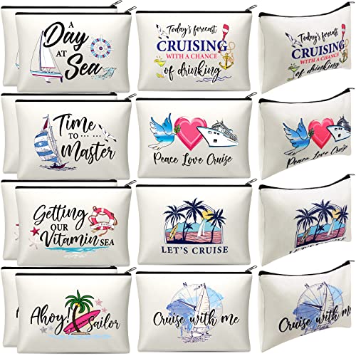 Silkfly 16 Pieces Cruise Survival Kit Cruise Travel Gift Cosmetic Bag Peace Love Cruise Pouch Travel Organizer Zipper Pouch for Family Cruise Lover Summer Vacation Gift (Canvas Base)