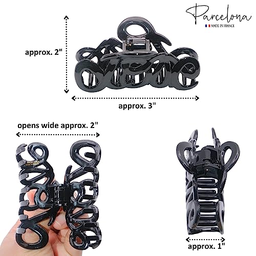 Parcelona French Love Medium 3" Celluloid Acetate Claw Clips Covered Spring Durable Fashion Hair Styling Clips Women Hair Accessories Girls Hair Clips (Black 3")