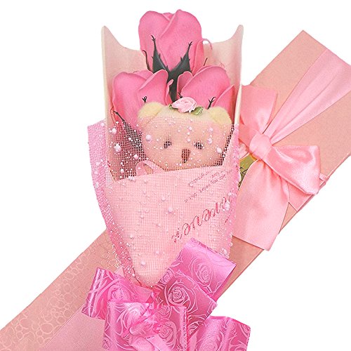 Abbie Home Flower Bouquet 3 Scented Soap Roses Gift Box with Cute Teddy Bear for Her Him Valentine's Day Anniversary Wedding Mothers Day Birthday Gift and Proposal-Pink