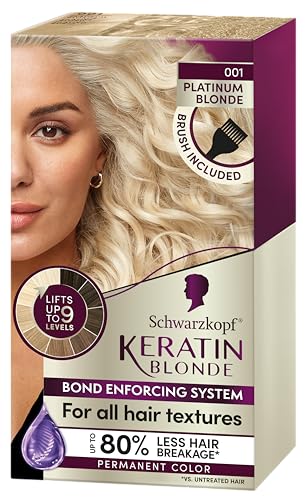 Schwarzkopf Keratin Blonde Hair Dye Platinum Blonde 001, Ultra Lightening Kit, 1 Application - Hair Bleach Enriched with Keratin, Lightens up to 9 Levels and Protects Hair from Breakage