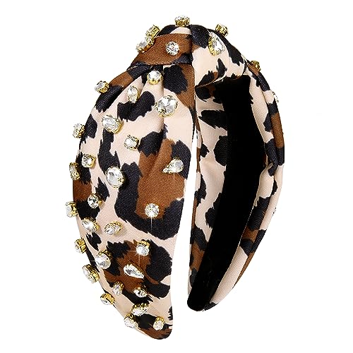 Leopard Knotted Headband for Women Pearl Rhinestone Jeweled Embellished Leopard Print Top Knot Hairband Cheetah Headpiece Statement Wide Turban Hair Hoop Funny Gifts for Girls Ladies Sister