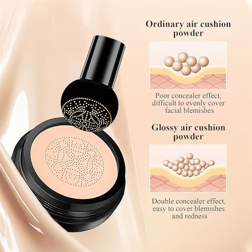 Mushroom Head Air Cushion CC Cream 2PCS Set - BB Cream Face Makeup Foundation with Power Puff for Mature Skin Moisturizing Concealer Brighten Long-Lasting, Skin Tone for All Skin Types(Buff Beige)