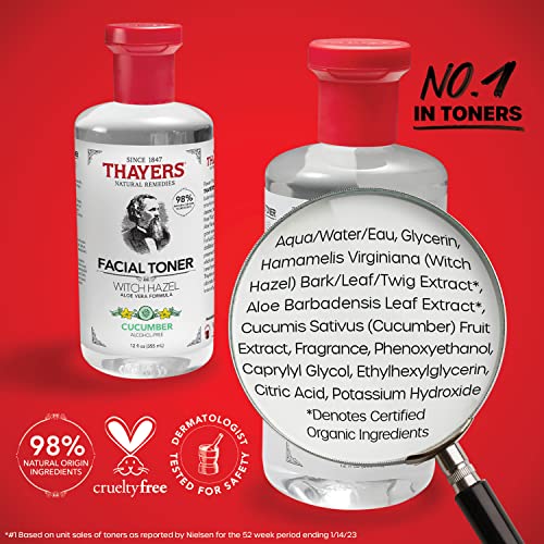 THAYERS Alcohol-Free, Hydrating Cucumber Witch Hazel Facial Toner with Aloe Vera Formula, Vegan, Dermatologist Tested and Recommended, 12 Oz