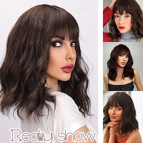 Elfairy Short Brown Wig with Bangs for Women 12inch Wavy Curly Hair Wigs Heat Resistant Hair Replacement Wigs Cosplay Costume Halloween Wig(12'' Brown)