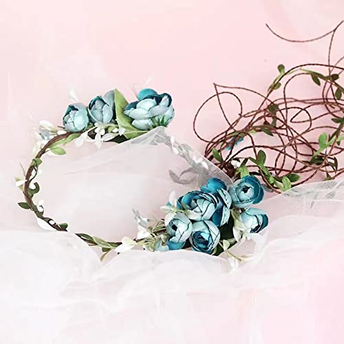 Lopsity Women Rose Floral Flower Crown Headband Rose Halo Wreath Wedding Bridal Hair Garland Ajustable Flower Hair Wreath (BLUE)