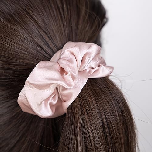 3 Pack Luxury Silk Scrunchies 100% Mulberry Silk for Hair in Satin Travel Bag (3 Pack, Large, Pink, Champagne, White)