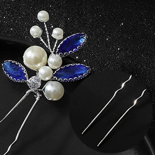 Latious Bride Wedding Hair Pins Pearl Bridal Hair Piece Blue Crystal Hair Clips Rhinestones Hair Accessories for Women and Girls (Pack of 3) (Silver)