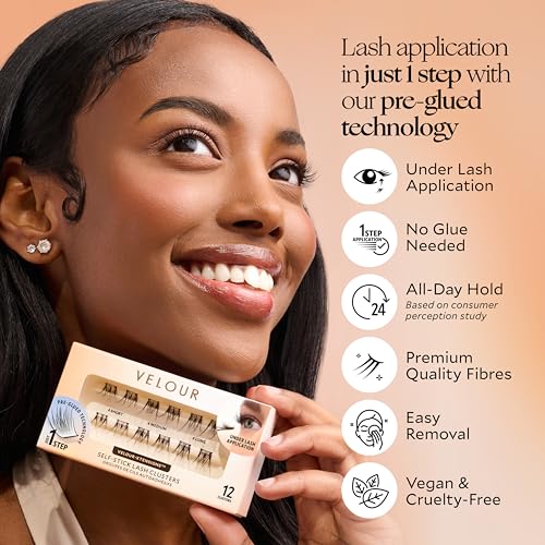 Velour-Xtensions™ Self-Stick Lash Clusters | Self Adhesive Eyelashes | Includes 12 Eyelash Clusters | Comfortable & Lightweight Lash Extension Clusters (Everyday Natural)