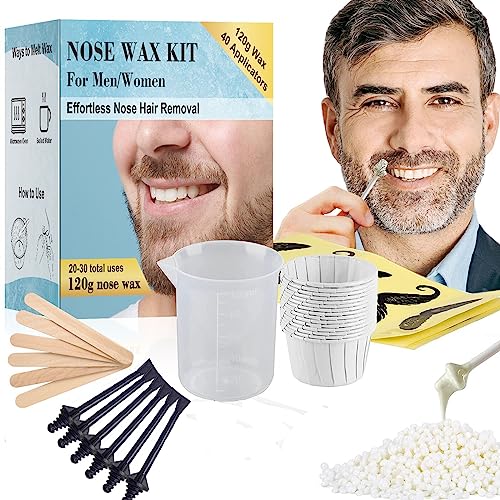 120g Nose Wax Kit for Men and Women, Nose Waxing with 30 Black Applicators，20 Mustache Guards, 20pcs Paper Cup, 10pcs wooden sticks - Nose Hair Wax Painless Nose Hair Removal at Least 20 Times Usage