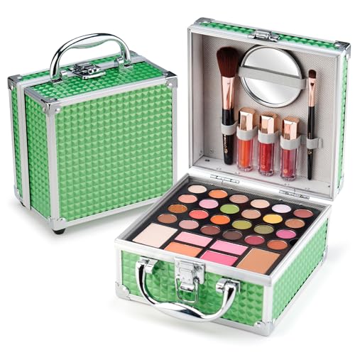 Color Nymph Beginner Makeup Kits For Teens With Train Case Included Full Makeup Kit Eyeshadow Palette Blushes Bronzer Highlighter Lipstick Brushes Mirror (Green)