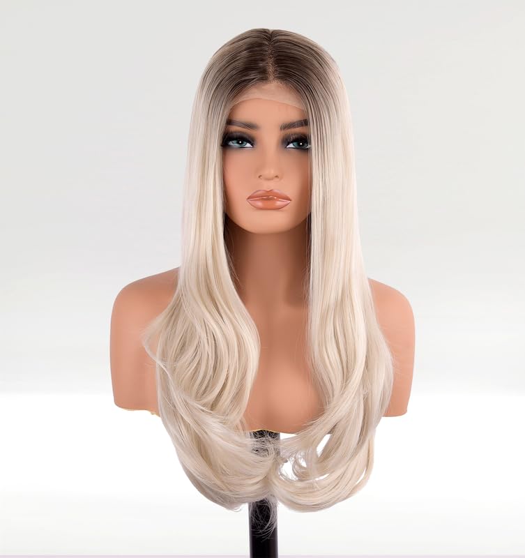 EALGA Ombre 613 Lace Front Wig with Brown Roots Glueless Wig Synthetic Hair Brown to Platinum Blonde Wig Natural Looking Wavy Wigs 22 inch EALGA-048-NEW