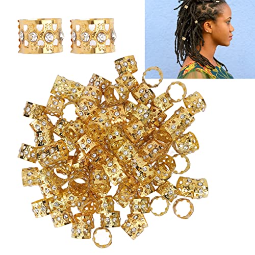 100Pcs Dreadlocks Beads, Sparkling Rhinestone Fashionable Hair Braiding Rings for Hair Decoration (Gold)