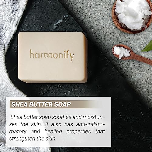 HARMONIFY All Natural 3 Set of Soap Bars, (Avocado, Carrot, Shea Butter) with Wooden Soap Dish, Assortment of Hand-Made Soaps, Skin Revitalizing and Moisturizing, Healthy, Made in Europe