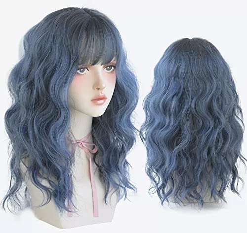 AIKO PRO Chic Korean Fashion 21 Inch Long Fluffy Curly Wavy Wig Bangs, Natural Heat-Resistant Synthetic Hair Wigs with Fringe For Cosplay and Daily Wear (Blue Ombre)