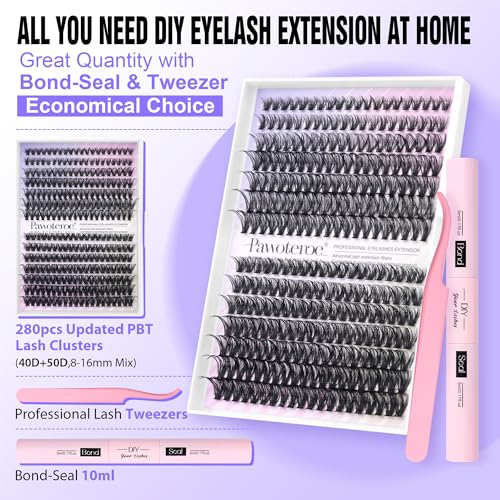 Pawotence DIY Lash Extension Kit Individual Lash Clusters Kit 40D 50D Curl Eyelash Extension Kit 8-16mm Eyelash Clusters with Lash Bond and Seal Lash Tweezers for Beginners (40D50D-0.07D-8-16MIX KIT)