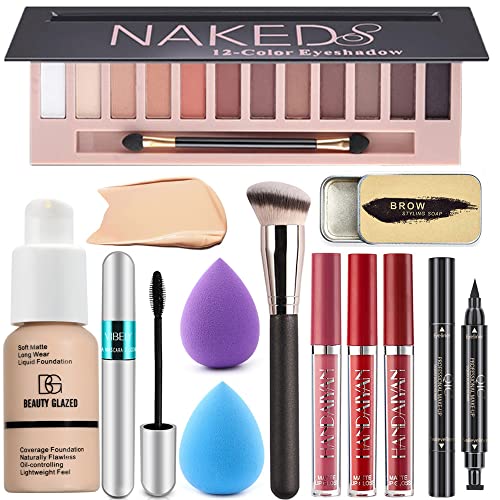 All In One Makeup Kit 12 Colors Naked Eyeshadow Palette, Makeup Brush, Nude Foundation, Vibely Mascara, Liquid Lipstick, Makeup Sponge, Eyebrow Soap Kit, Winged Eyeliner Stamp, Makeup Sets for Women Full Kit (Set A)