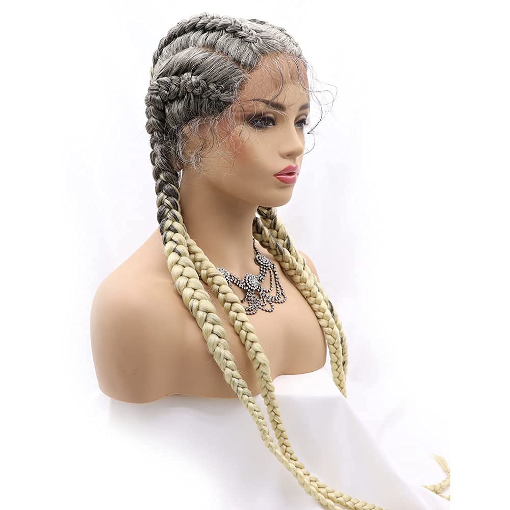 variouswig 4 Braided Wigs Realistic Hand Braided hair Lace Front Wigs Ombre gray/Grey Mix Blonde 613 Synthetic Braided Wig with Baby Hair Real Lace Wig 30 Inch