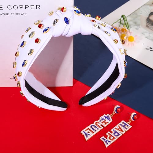 YAHPERN 4th of July Headbands for Women American Flag Headband Patriotic Red Blue White Beaded USA Headband Jeweled Crystal Pearl Knotted Headband 4th of July Hair Accessories Gifts (Happy 4th July)