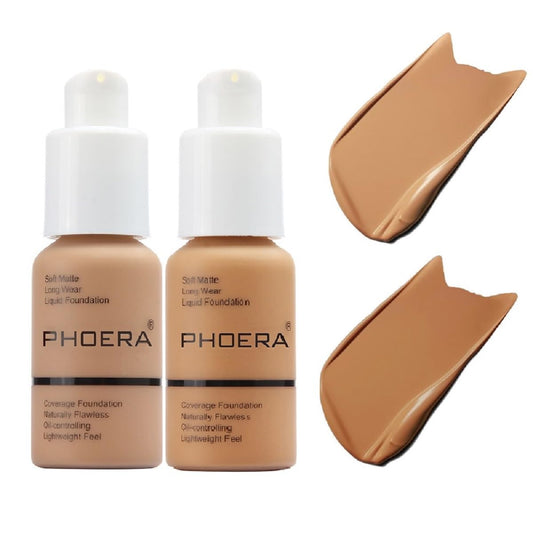 2 Pack PHOERA Foundation 105# Sand and 106#Warm Sun,Flawless Soft Matte Liquid Foundation 24 HR Oil Control Concealer Foundation Makeup.