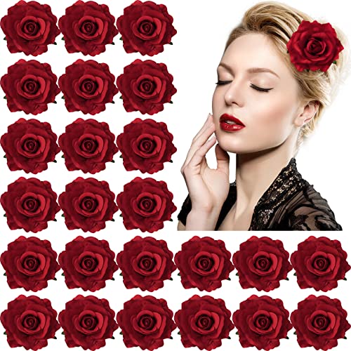 30 Packs 4 Inch Flower Hair Clip Rose Hair Accessories Floral Hairpin Brooch Hair Flowers Pin Flower Brooch for Bridal Headpiece Accessories Wedding(Red)