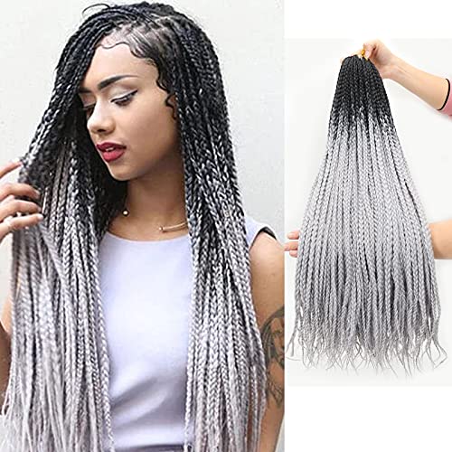 Ombre Crochet Box Braids 24 Inch 144 Strands/Pack Smoky Gray Color Medium Size For Black Women Synthetic Pre-Looped Individual Crochet Braids Hair Extensions(24inch,Black-Silver Gray)