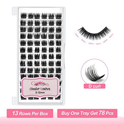 Cluster Lashes, Crislashes DIY Eyelash Extension 13 Rows, D Curl 12mm Individual Cluster Eyelashes Natural Look, 78 pcs Reusable Cluster Eyelash Extensions at Home (F03-D Curl 12mm)