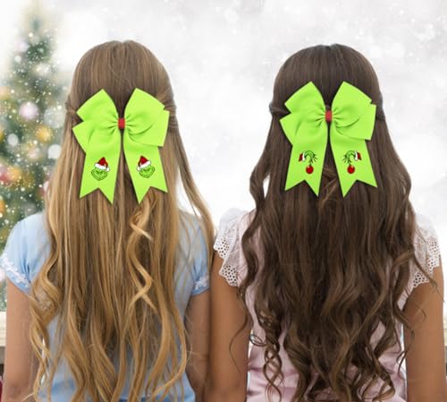 2PCS Grinch Hair Bow Large Green Christmas Hair Bows For Girls Women, Christmas Hair Clips Grinch Hair Accessories, Grinch Bows For Christmas Party Favors Holiday Costume Accessories Gift