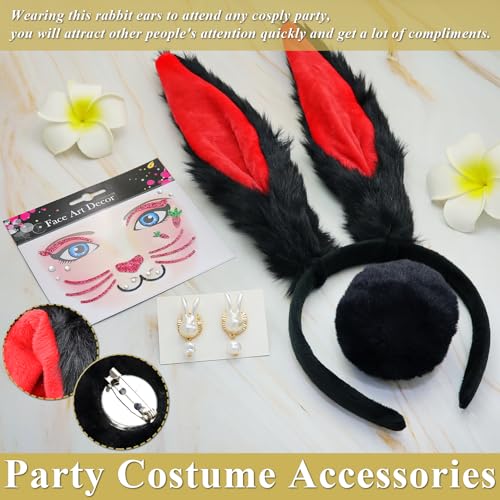 RechicGu 4 Pcs Halloween Bunny Costume Accessories Set Plush Bunny Ears Headbands Bunny Tail Rabbit Headwear Costume Hair Accessories for Women Party Prom Cosplay Easter Black Red