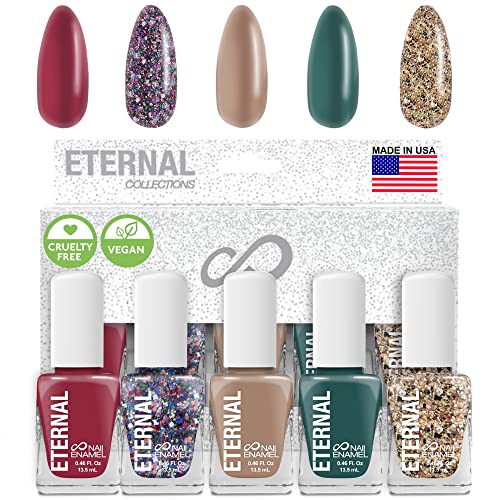 Eternal Glitter Nail Polish Set for Women (CHEERS) - Gold Nail Polish Set for Girls | Long Lasting & Quick Dry Nail Polish Kit for Home DIY Manicure & Pedicure | Made in USA, 13.5mL (Set of 5)