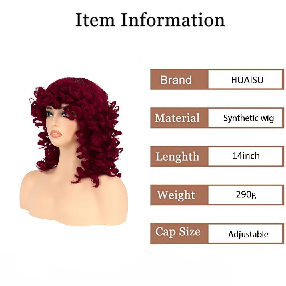 HUAISU Short Red Curly Kinky Wig with Bangs Synthetic High Density Shoulder Length Deep Wave Density Wig for Women One Piece Heat Resistant Fluffy Cosplay Wig (Red, 14inch)