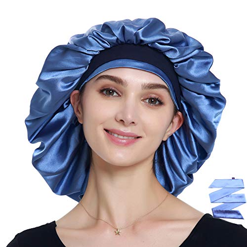 Double Layer Bonnet Long Satin Cap Head Wrap for Sleeping Blue