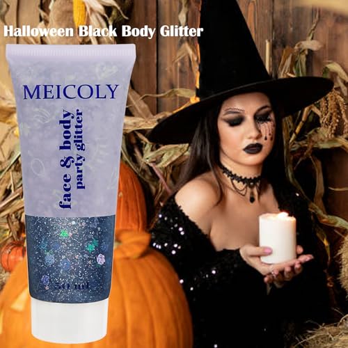 MEICOLY Black Face Glitter,Professional Glitter Body Paint,Mermaid Sequins Eye Glitter Face Painting for Halloween Cosplay SFX Makeup,Chunky Face Glitter Gel for Women and Kids,50ml