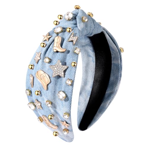 MOLOCH Western Headband Cowgirl Headband for Women Cowboy Boot Hat Stars Knotted Headband Crystal Jeweled Top Knot Hairband Western Country Concert Hair Accessories Bachelorette Outfit Gifts