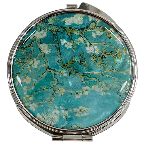 Nacreh Portable Makeup Compact Double Magnifying Mirror Cosmestic Foldable Pocket Style Unique Mother of Pearl Design (Almond Blossom)