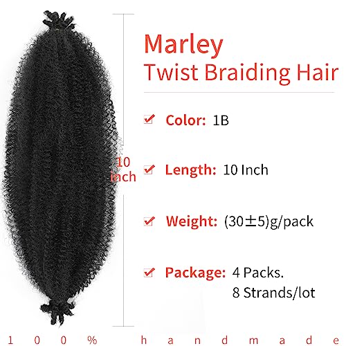 Anemoi Marley Twist Braiding Hair, 10 Inch 4 Packs Springy Afro Kinky Twist Hair For Braiding,Black Pre-Fluffed Spring Twist Hair, Twisted Up Marley Hair For Women Crochet Braids(10inch,4packs,1B#)