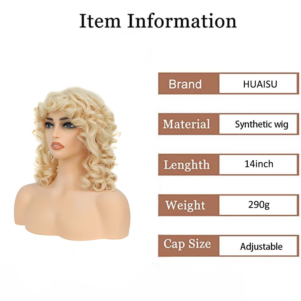 HUAISU Short Blonde Curly Kinky Wig with Bangs Synthetic High Density Shoulder Length Deep Wave Density Wig for Women One Piece Heat Resistant Fluffy Cosplay Wig (Blonde, 14inch)