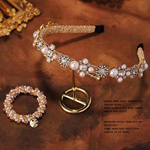 Coridy Thin Gold Headbands for Women Pearl Rhinestones Hairbands with Beaded Hair Ties Baroque Bejeweled Head Bands for Wedding Party Holiday (Charming)