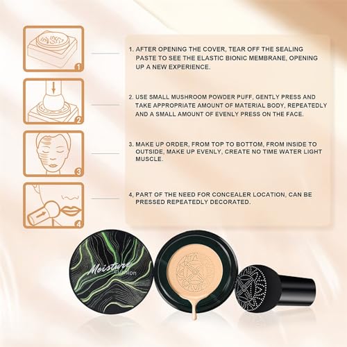 Mushroom Head Air Cushion CC Cream 2PCS Set - BB Cream Face Makeup Foundation with Power Puff for Mature Skin Moisturizing Concealer Brighten Long-Lasting, Skin Tone for All Skin Types(Buff Beige)