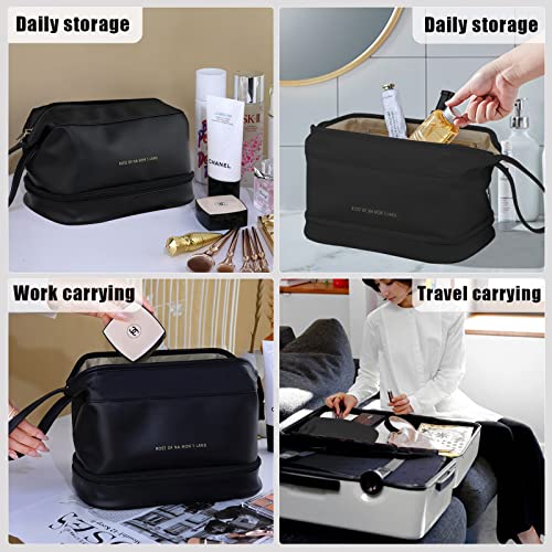 Double Layer PU Makeup Bag, Travel Makeup Bag, Large Capacity Travel Makeup Bag, Ladies Toiletry Bag, Portable Leather Toiletry bag, Daily Carry-on Toiletry bag (Classic Black)