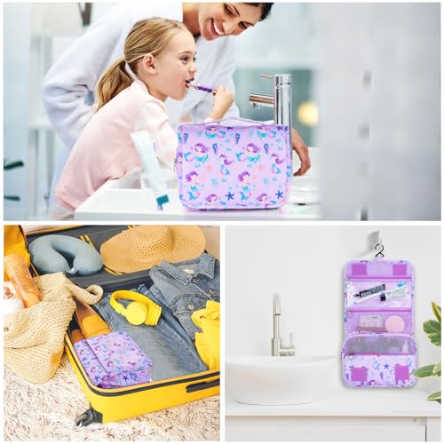 Vipdeal Kids Hanging Toiletry Bag for Girls, Travel Toiletry Bag for Little Young Girls Cosmetic Makeup Waterproof Wash Bag Toddler Traveling Toiletries, Mermaid Purple