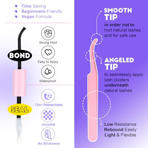 Pawotence DIY Lash Extension Kit Individual Lash Clusters Kit 40D 50D Curl Eyelash Extension Kit 8-16mm Eyelash Clusters with Lash Bond and Seal Lash Tweezers for Beginners (40D50D-0.07D-8-16MIX KIT)